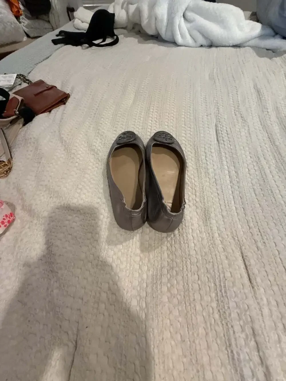 Tory Burch Reva Metallic Silver Leather Ballet Flats
